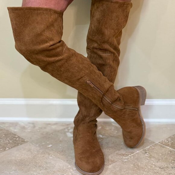 🆕Women's Brown Over The Knee Boots Thigh High Low Block Heel Pointed Toe Boots - Picture 1 of 9